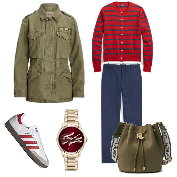 Outfit donna - Total look #1786494. Stile Military per Tutti i giorni. Abbinamento con pantaloni chino, cappotti, borse a secchiello, cardigans, sneakers, orologi analogici.