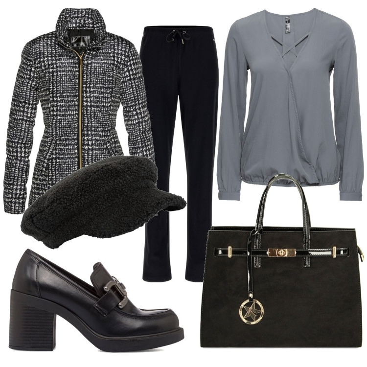 Outfit donna - Shopping così. Stile Casual chic per Tutti i giorni. Abbinamento con giacche, bluse, cappelli con visiera, pantaloni, borse a mano, mocassini.