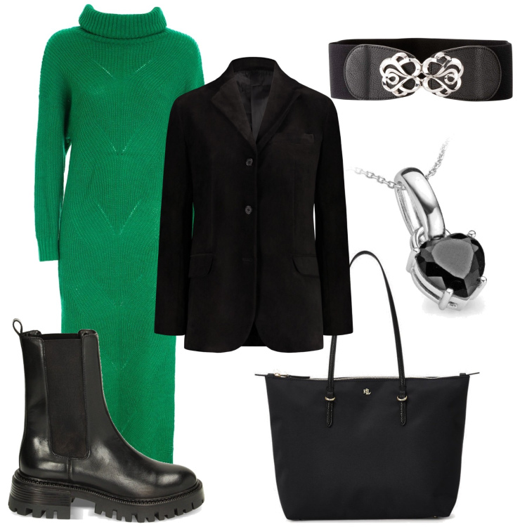 Outfit donna - I vestiti verde. Stile Urban per Tutti i giorni. Abbinamento con cinture, vestiti lunghi, stivaletti chelsea, borse tote, collane, blazer.