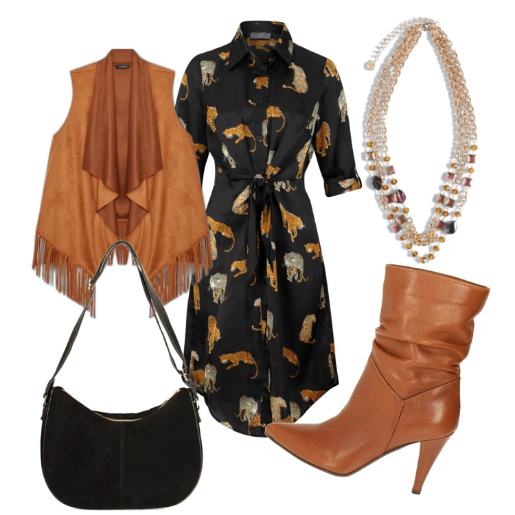 Outfit donna - Selvaggia. Stile 70s per Serata fuori. Abbinamento con vestiti chemisier, stivaletti, borse a spalla, gilet, collane.