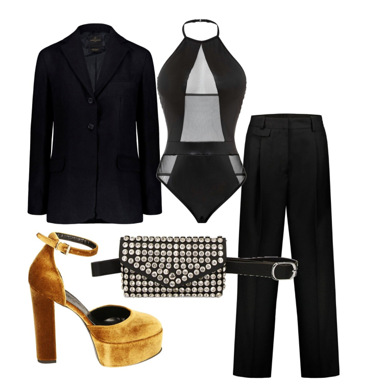 Outfit donna - Ghost outfitter - dicembre. Stile Glamour per Serata fuori. Abbinamento con body, borse a spalla, décolleté, pantaloni, blazer.