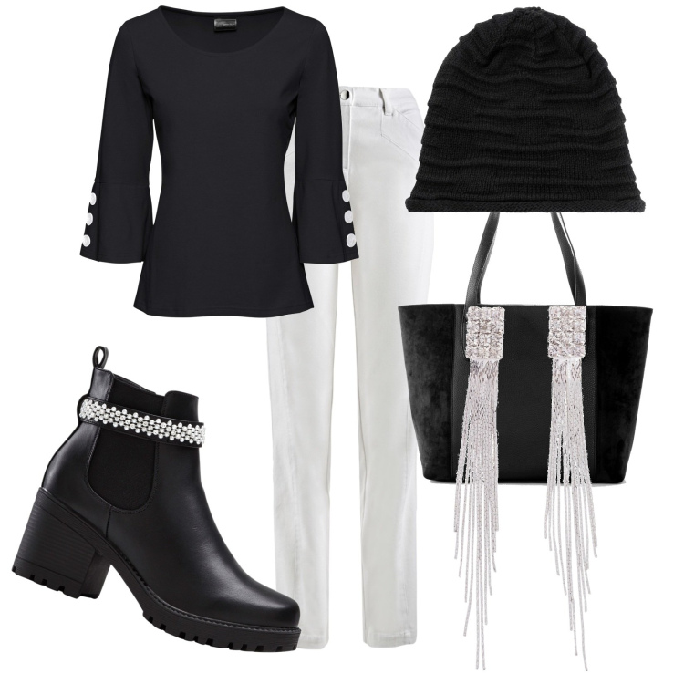 Outfit donna - Rubando dalle vetrine. Stile Chic per Serata fuori. Abbinamento con berretti, orecchini, shopping bag, maglieria, stivaletti, pantaloni sportivi.