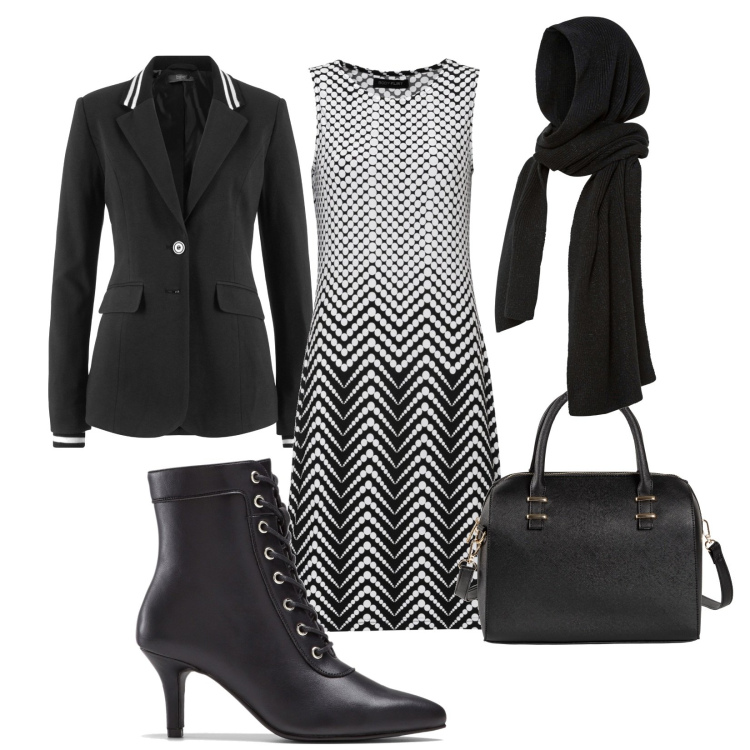 Outfit donna - Geometrica. Stile Bon Ton per Serata fuori. Abbinamento con sciarpe, blazer, vestiti, borse a mano, stivaletti.