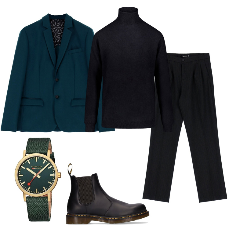 Outfit uomo - Uscita in coppia. Stile Trendy per Serata speciale. Abbinamento con pantaloni, giacche, maglieria, stivali e stivaletti, orologi analogici.