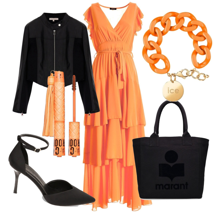 Outfit donna - Novembrina. Stile Chic per Serata fuori. Abbinamento con mascara, cappotti, vestiti lunghi, décolleté, braccialetti, shopping bag.