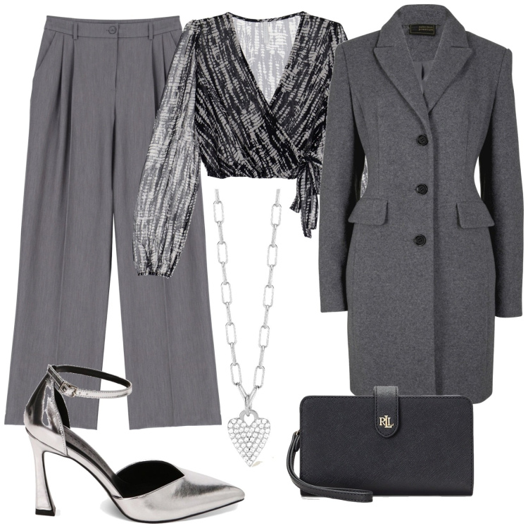 Outfit donna - Scambio di auguri. Stile Chic per Serata fuori. Abbinamento con cappotti, pantaloni a palazzo, camicie, collane, décolleté, pochette.