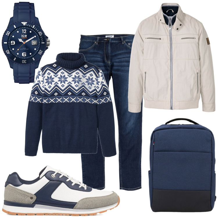 Outfit uomo - Ultimo giorno di lavoro. Stile Casual per Ufficio. Abbinamento con jeans, giacche, maglieria, borse sportive, sneakers, orologi.