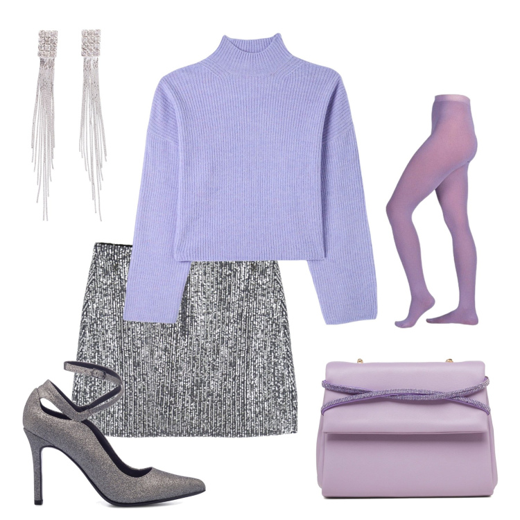Outfit donna - Silver e lilla. Stile Glamour per Serata fuori. Abbinamento con orecchini, maglieria, collant, minigonne, décolleté, clutch.