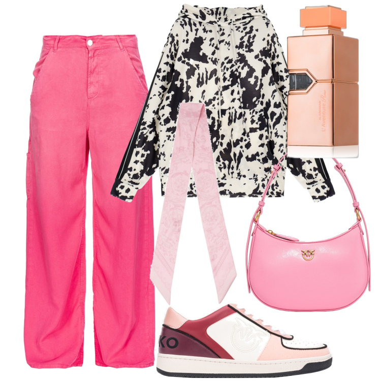 Outfit donna - In rosa a Natale. Stile Chic per Serata fuori. Abbinamento con profumi, pantaloni, sneakers, borse a tracolla, felpe con cappuccio, sciarpe.
