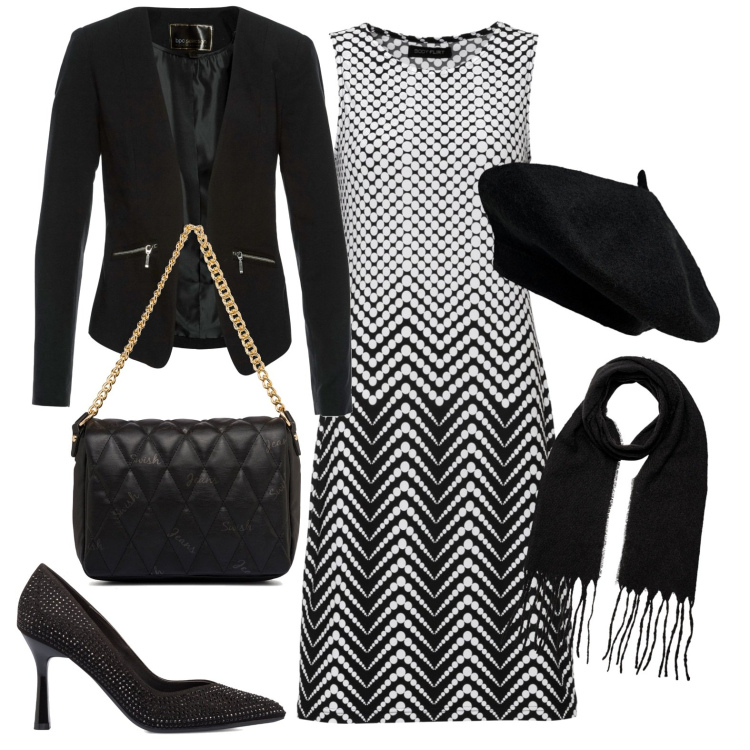 Outfit donna - Total look #1786549. Stile Casual chic per Tutti i giorni. Abbinamento con blazer, vestiti, décolleté, borse a tracolla, cappelli e berretti, sciarpe.