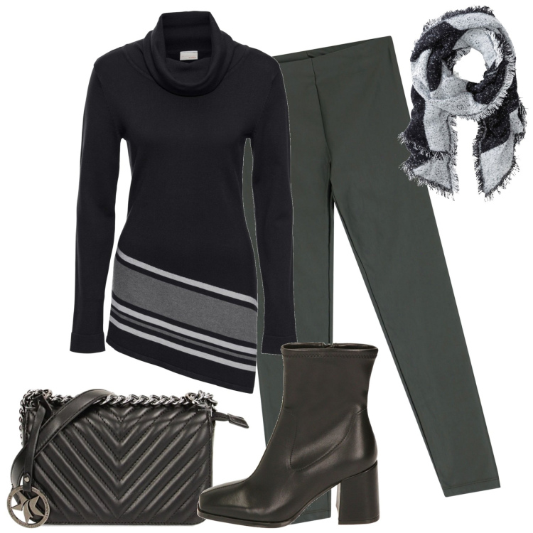 Outfit donna - Daily. Stile Basic per Tutti i giorni. Abbinamento con sciarpe, maglieria, pantaloni, borse a tracolla, stivaletti.