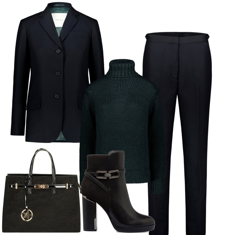 Outfit donna - In ufficio. Stile Casual chic per Ufficio. Abbinamento con borse a mano, stivaletti, pantaloni, blazer, maglieria.