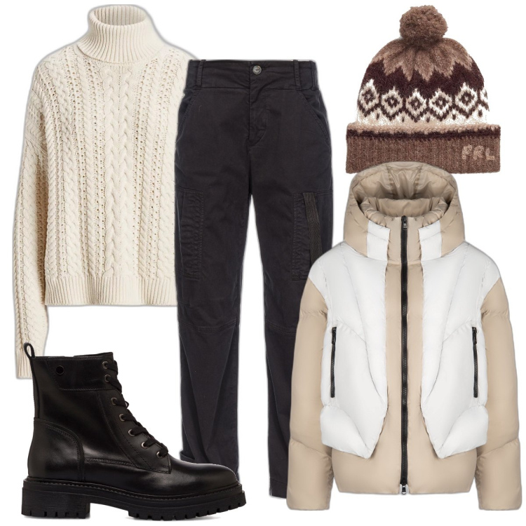 Outfit donna - Vacanze in montagna. Stile Sporty chic per Sport. Abbinamento con pantaloni cargo, berretti, maglieria, piumini, anfibi.