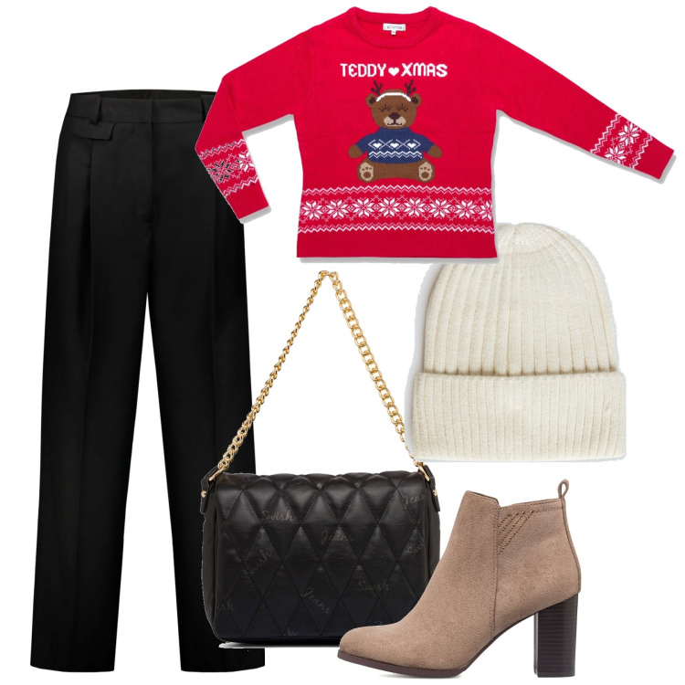 Outfit donna - È Natale. Stile Bon Ton per Tutti i giorni. Abbinamento con borse a tracolla, stivaletti, maglieria, pantaloni, berretti.