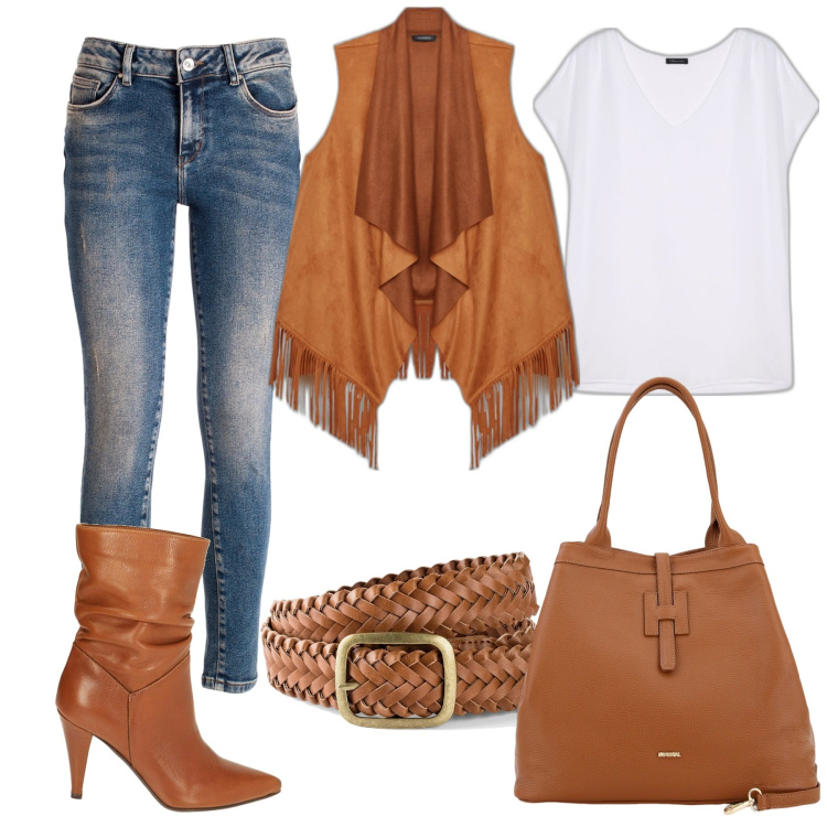 Outfit donna - Gilet con frange. Stile Etnico per Tutti i giorni. Abbinamento con cinture, jeans skinny, borse a secchiello, stivaletti, gilet, t-shirt.