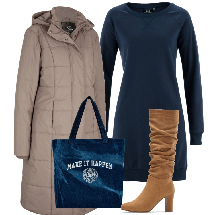 Outfit donna - In ufficio prima delle feste. Stile Bon Ton per Ufficio. Abbinamento con vestiti, cappotti, stivali, shopping bag.