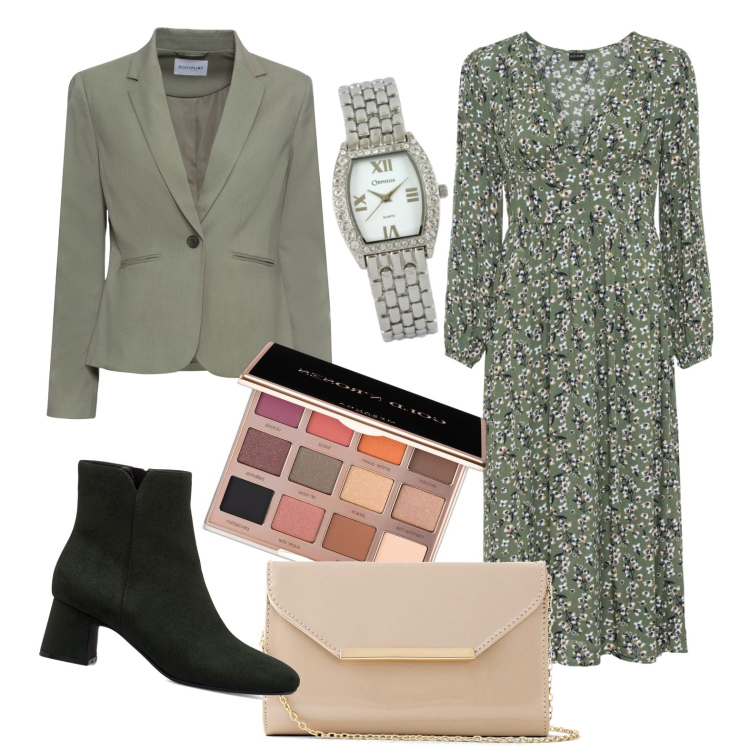 Outfit donna - Perfetta per il brunch domenicale. Stile Urban per Tutti i giorni. Abbinamento con blazer, pochette, vestiti corti, ombretti, stivaletti, orologi.
