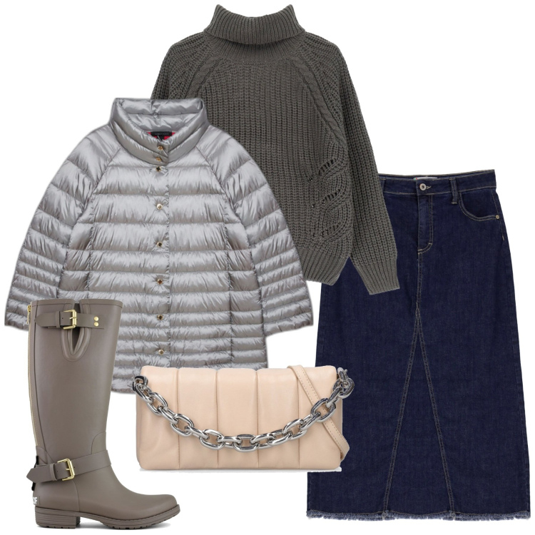 Outfit donna - In grigio e denim. Stile Casual per Tutti i giorni. Abbinamento con gonne longuette, maglieria, stivali, piumini, borse a spalla.