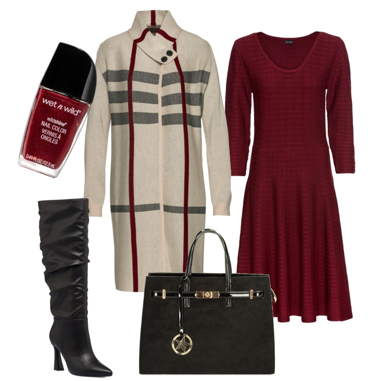 Outfit donna - Aspettando Natale. Stile Glamour per Serata fuori. Abbinamento con vestiti, cardigans, smalti, borse a mano, stivali sopra il ginocchio.