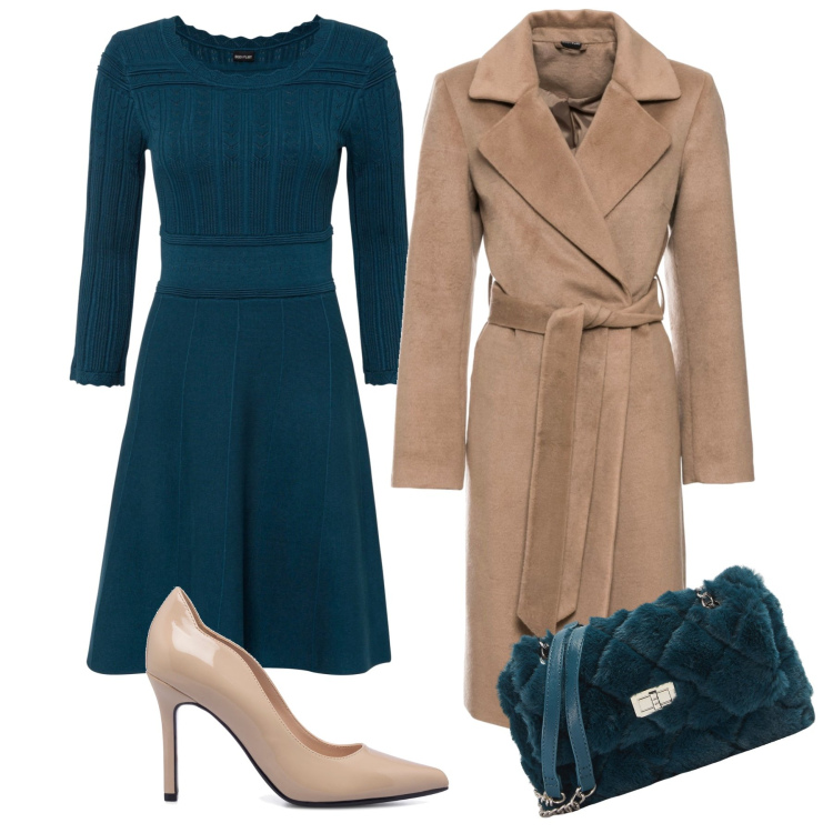 Outfit donna - Il vestito petrolio. Stile Bon Ton per Serata fuori. Abbinamento con vestiti, cappotti, borse a spalla, décolleté.