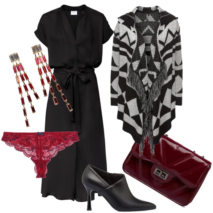 Outfit donna - Tocco di rosso. Stile Glamour per Serata fuori. Abbinamento con vestiti chemisier, orecchini, cardigans, perizomi, décolleté, borse a tracolla.