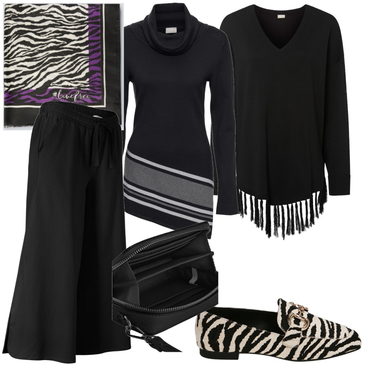 Outfit donna - Total look #1786613. Stile Casual per Ufficio. Abbinamento con borse a tracolla, pantaloni capri, maglieria, cappotti, mocassini, sciarpe.