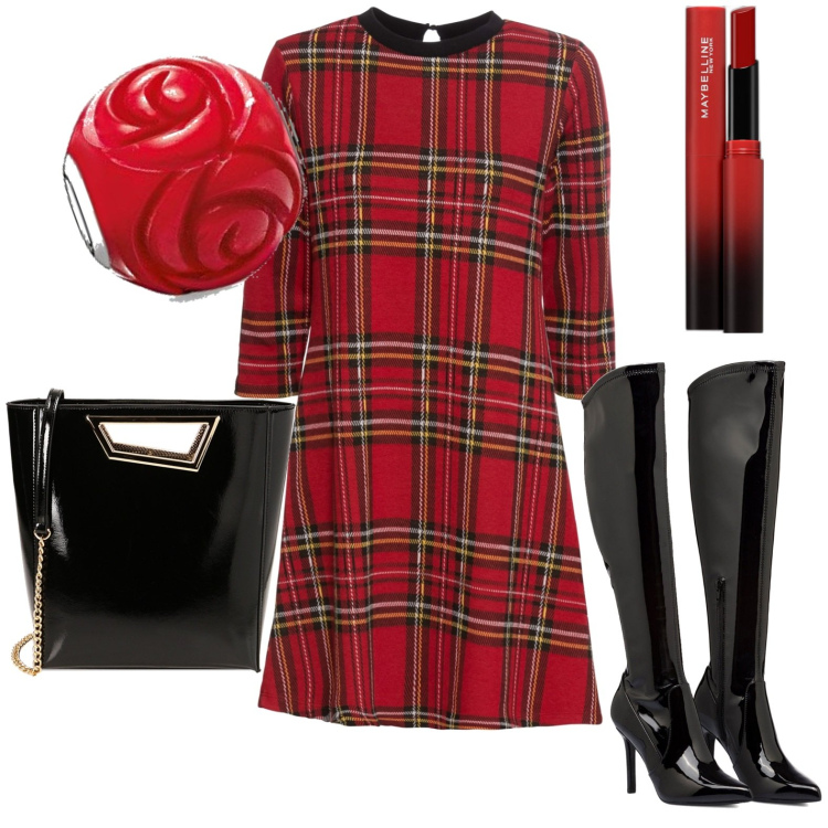 Outfit donna - Total look #1786618. Stile Casual per Tutti i giorni. Abbinamento con vestiti corti, rossetti, borse a mano, stivali sopra il ginocchio, orologi.