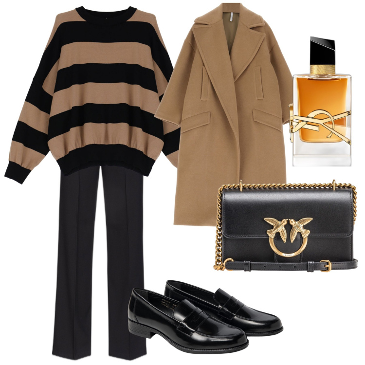 Outfit donna - Linea retta. Stile Basic per Tutti i giorni. Abbinamento con profumi, pantaloni, borse a tracolla, cappotti, maglieria, mocassini.