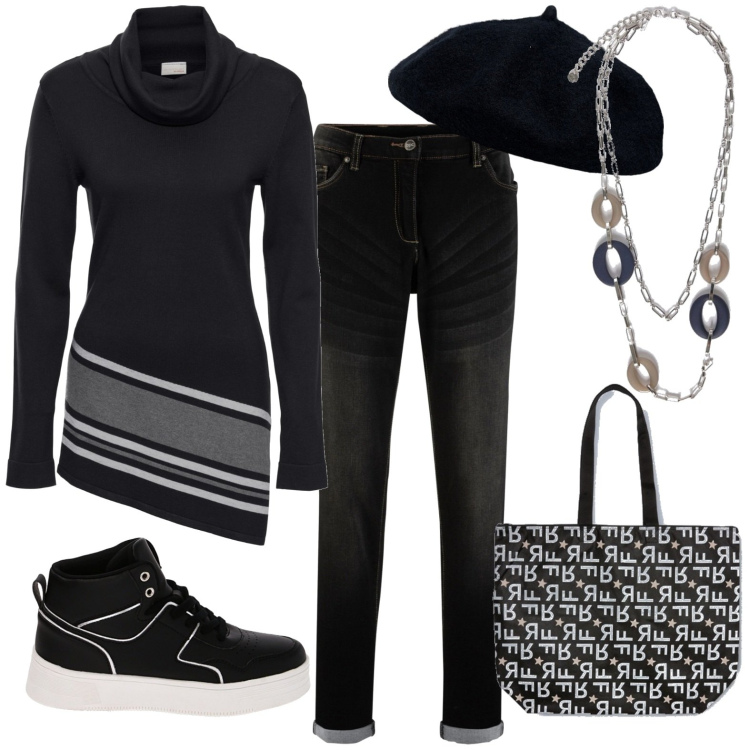 Outfit donna - Total look #1786630. Stile Casual per Tutti i giorni. Abbinamento con jeans boyfriend, maglieria, sneakers, cappelli e berretti, shopping bag, ciondoli.