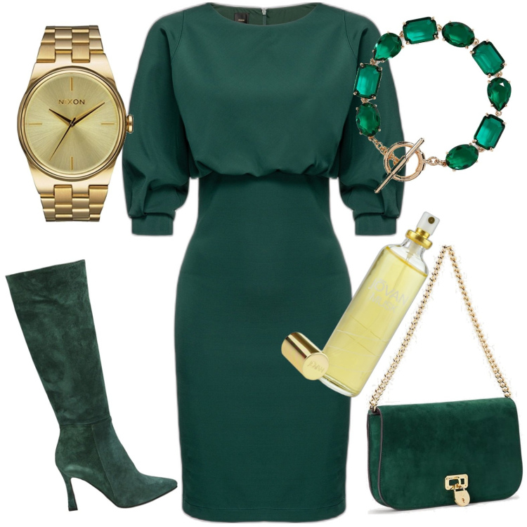 Outfit donna - Total look #1786633. Stile Chic per Serata fuori. Abbinamento con profumi, vestiti midi/longuette, stivali, borse a spalla, braccialetti, orologi.