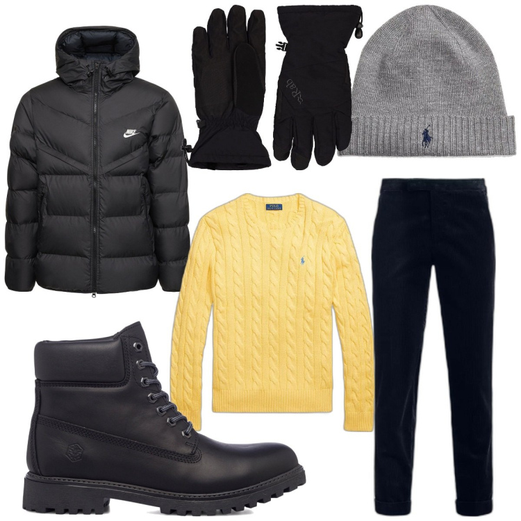 Outfit uomo - Brrr che freddo!. Stile Casual per Tutti i giorni. Abbinamento con berretti, maglieria, pantaloni, stivali e stivaletti, piumini, guanti.