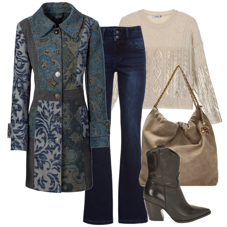 Outfit donna - Un tocco boho. Stile Boho per Tutti i giorni. Abbinamento con cappotti, jeans bootcut, pullovers, stivaletti texani, borse a spalla.