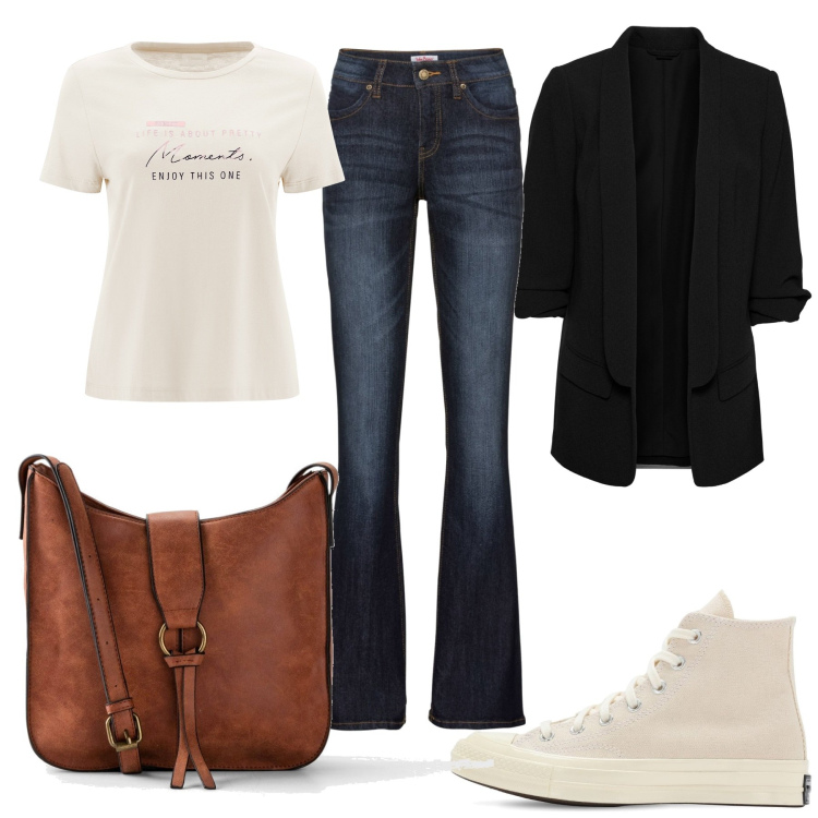 Outfit donna - Jeans blu. Stile Casual chic per Tutti i giorni. Abbinamento con jeans bootcut, borse a tracolla, blazer, t-shirt, sneakers.