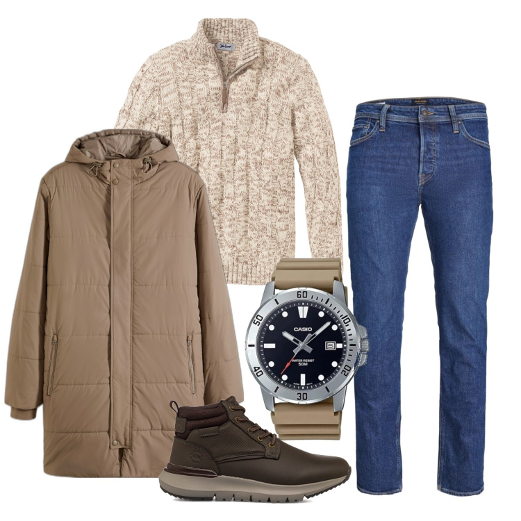 Outfit uomo - Il beige sui jeans. Stile Trendy per Tutti i giorni. Abbinamento con maglieria, giacche, jeans, stivali e stivaletti, orologi.