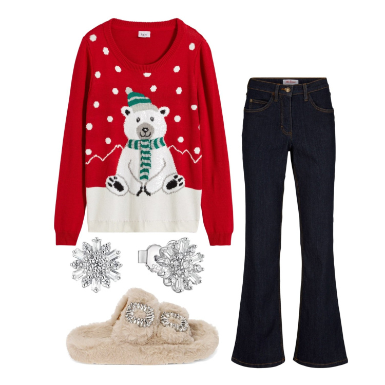 Outfit donna - Ghost outfitter - dicembre. Stile Casual per Tutti i giorni. Abbinamento con jeans bootcut, maglieria, ciabatte, orecchini.