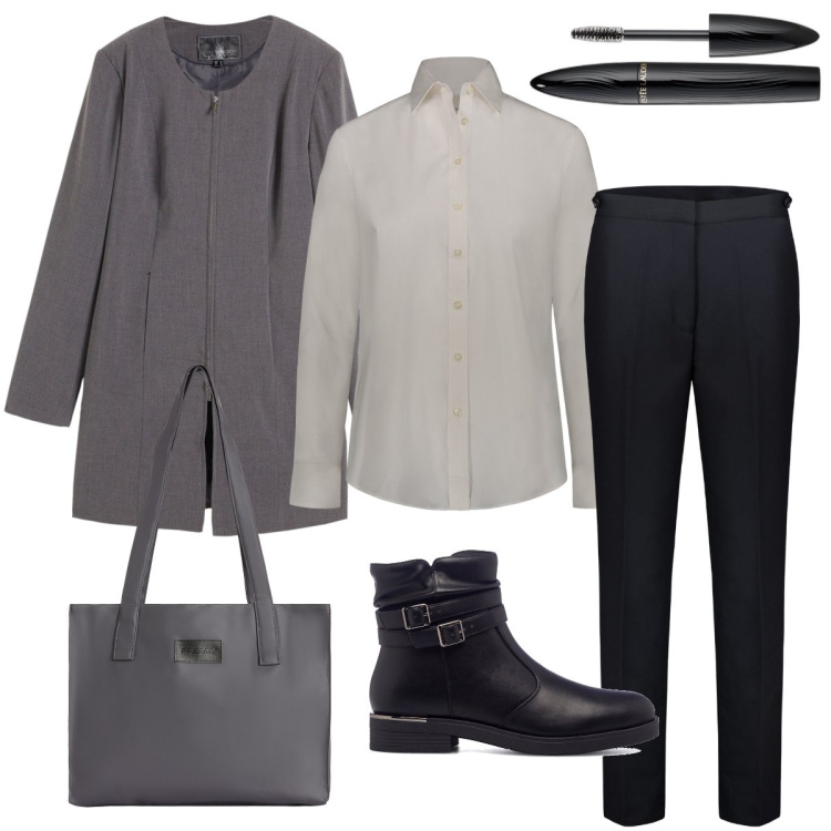 Outfit donna - Stile mannish. Stile Mannish per Ufficio. Abbinamento con blazer, mascara, shopping bag, stivaletti, pantaloni, camicie.