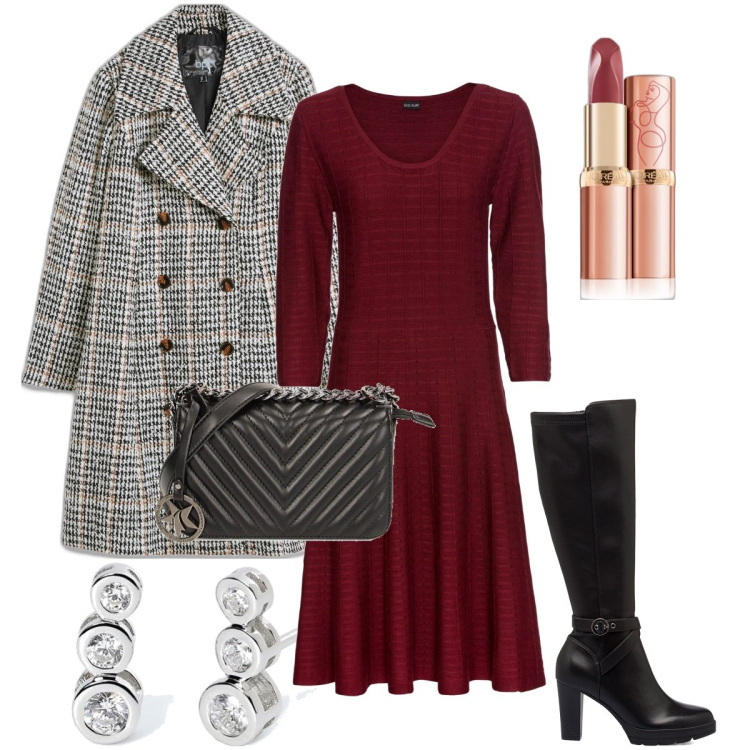 Outfit donna - Cenone di Natale. Stile Bon Ton per Serata fuori. Abbinamento con vestiti, cappotti, rossetti, orecchini, borse a tracolla, stivali sopra il ginocchio.