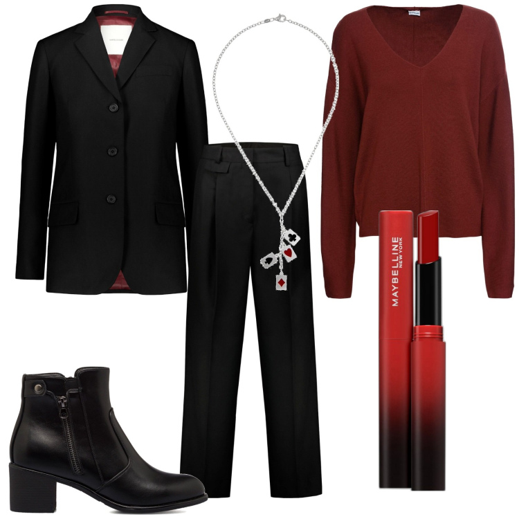 Outfit donna - Giacca e maglioncino. Stile Bon Ton per Ufficio. Abbinamento con maglieria, rossetti, stivaletti, pantaloni, blazer, ciondoli.