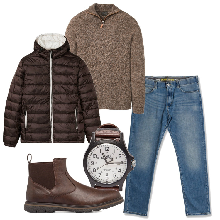 Outfit uomo - Marrone castagna casual. Stile Casual per Tutti i giorni. Abbinamento con maglieria, giacche, stivali e stivaletti, jeans slim fit, orologi.