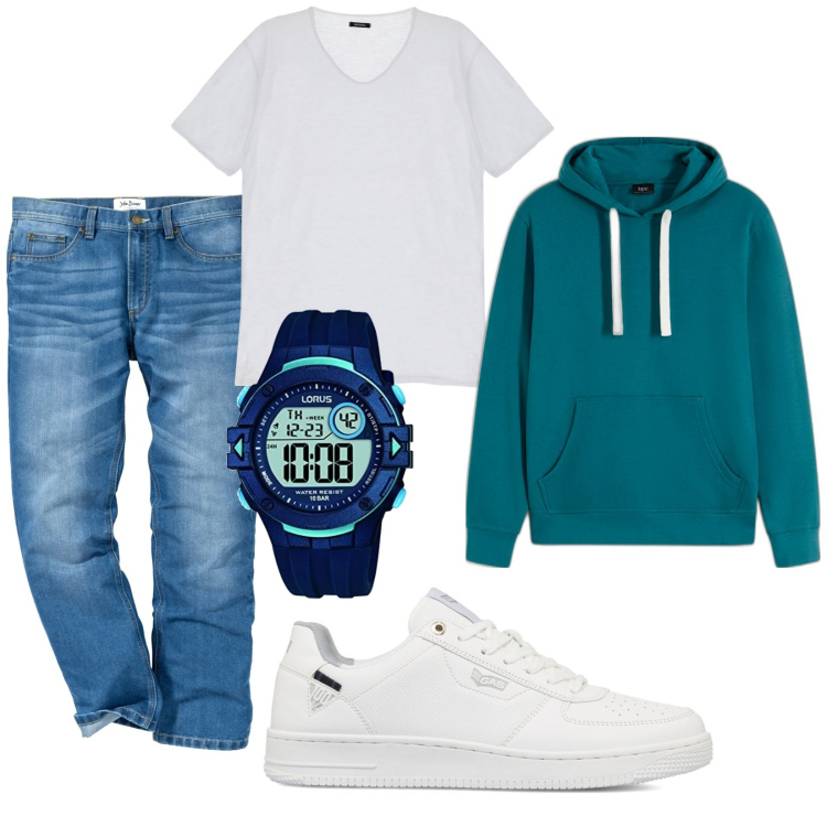 Outfit uomo - Total look #1786671. Stile Casual per Tutti i giorni. Abbinamento con jeans dritti, felpe con cappuccio, t-shirt, sneakers, orologi digitali.