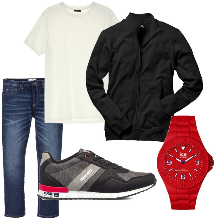 Outfit uomo - Total look #1786673. Stile Urban per Tutti i giorni. Abbinamento con felpe, jeans dritti, t-shirt, sneakers, orologi.