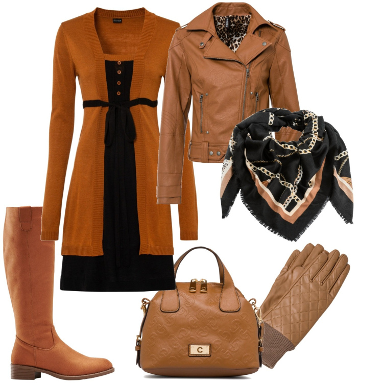 Outfit donna - Calda Terra. Stile Urban per Tutti i giorni. Abbinamento con stivali, vestiti, cappotti, foulard, borse a spalla, guanti.