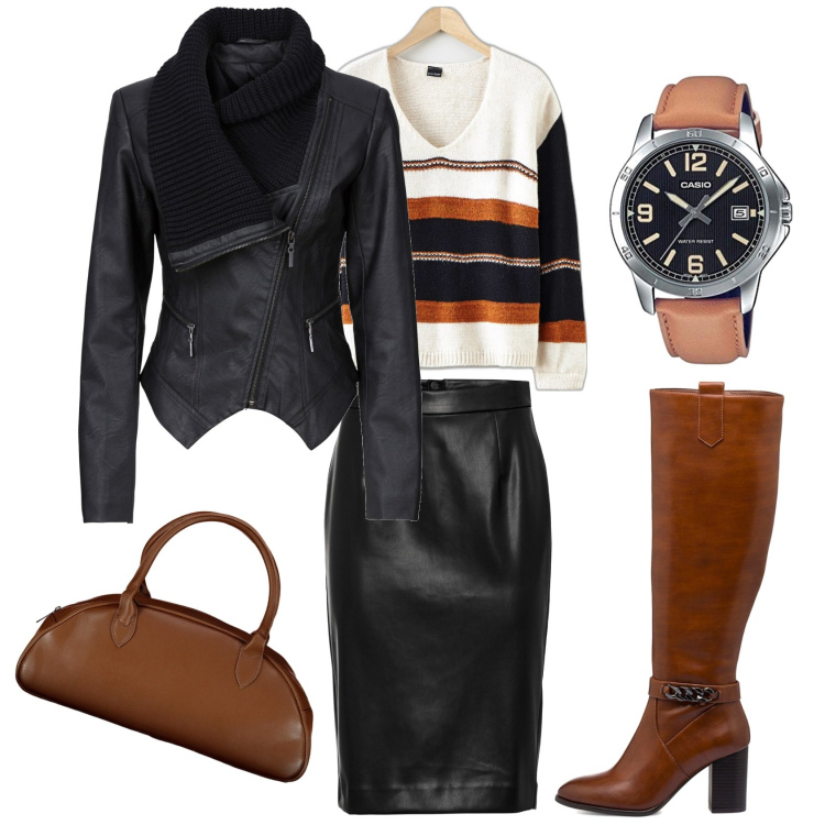 Outfit donna - Appuntamento. Stile Glamour per Ufficio. Abbinamento con blazer, maglieria, gonne longuette, stivali sopra il ginocchio, orologi, borse a spalla.