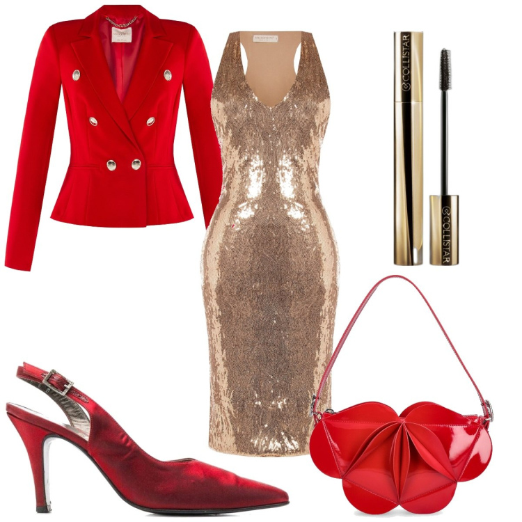 Outfit donna - Il vestito d\'oro. Stile Glamour per Serata fuori. Abbinamento con décolleté, mascara, vestiti a tubino, cappotti, borse a spalla.