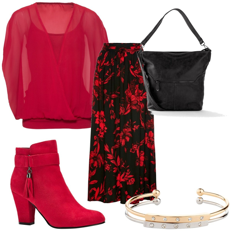 Outfit donna - Una gonna chic a Capodanno. Stile Chic per Serata fuori. Abbinamento con gonne lunghe, bluse, stivaletti, braccialetti, borse a tracolla.