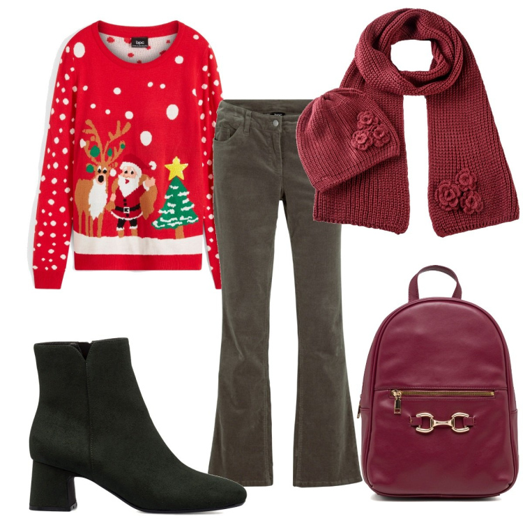 Outfit donna - Total look #1786730. Stile Trendy per Tutti i giorni. Abbinamento con pantaloni, sciarpe, maglieria, stivaletti, zaini.