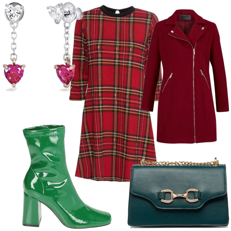 Outfit donna - Total look #1786736. Stile Trendy per Tutti i giorni. Abbinamento con vestiti corti, cappotti, orecchini, stivaletti, borse a tracolla.