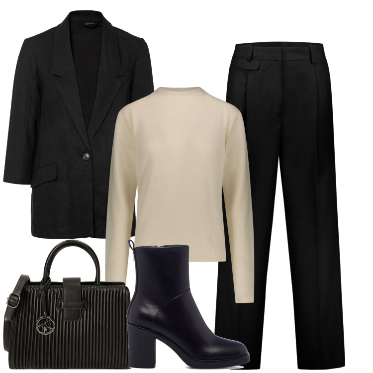 Outfit donna - In ufficio. Stile Casual chic per Ufficio. Abbinamento con blazer, borse a mano, stivaletti, maglieria, pantaloni.