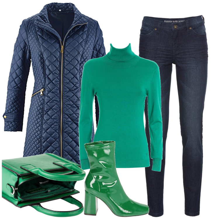 Outfit donna - Accessori verdi. Stile Urban per Tutti i giorni. Abbinamento con blazer, jeans skinny, borse a mano, maglieria, stivaletti.