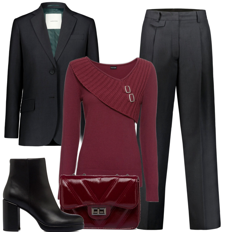 Outfit donna - In ufficio. Stile Chic per Tutti i giorni. Abbinamento con maglieria, stivaletti, borse a tracolla, pantaloni, blazer.